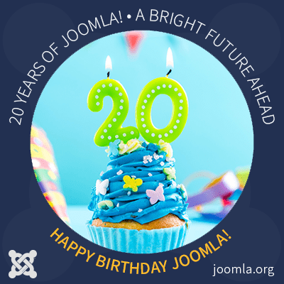 Happy Birthday Joomla! A cake with candles forming the number 20.